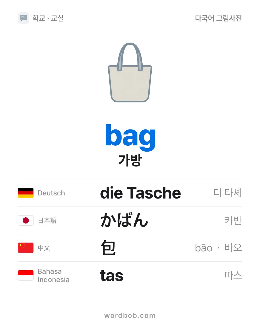 가방(bag) 그림 카드 — 가방 · bag · die Tasche · かばん · 包 · tas
