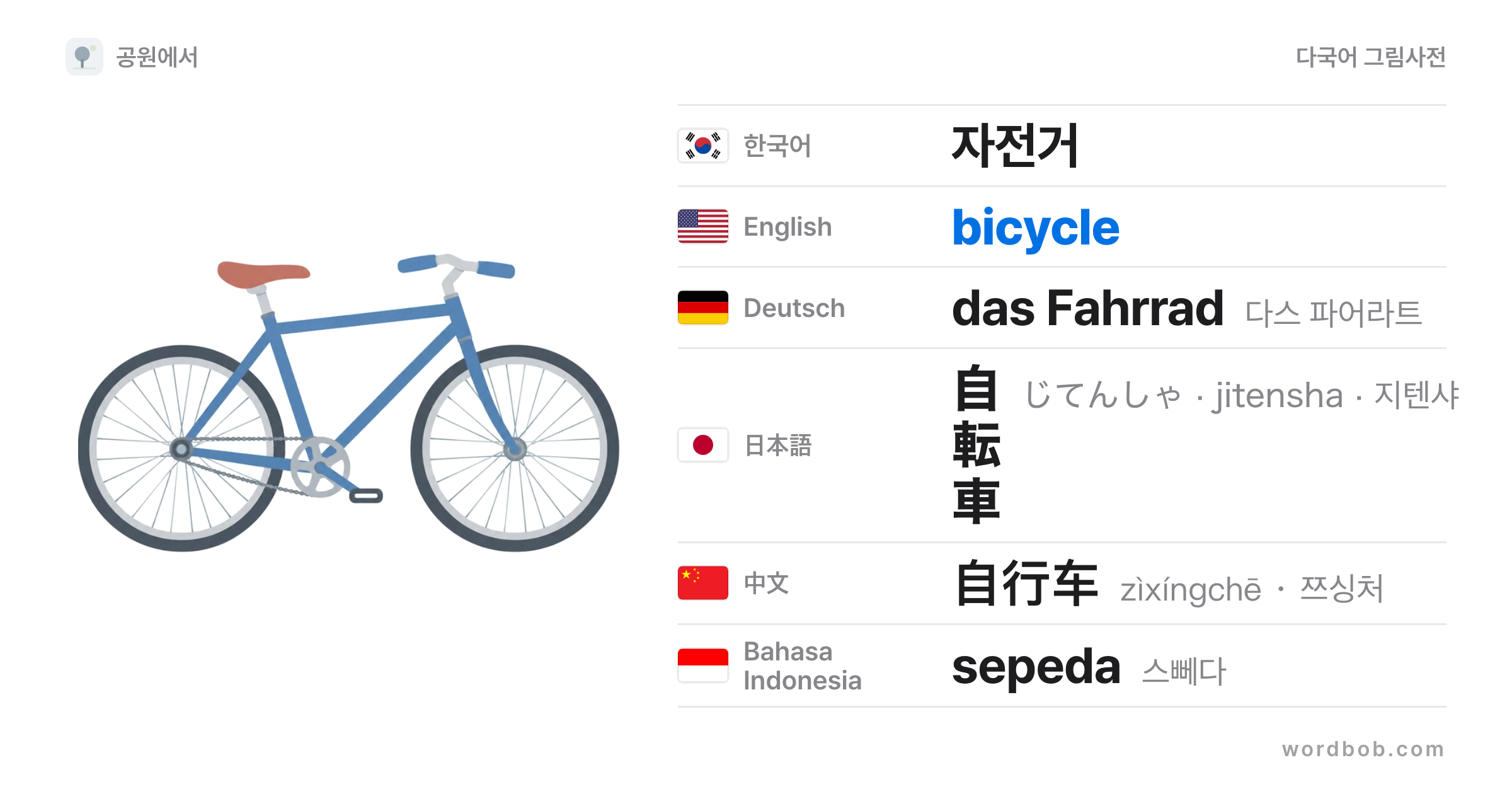 자전거(bicycle) 그림 카드 — 자전거 · bicycle · das Fahrrad · 自転車 · 自行车 · sepeda