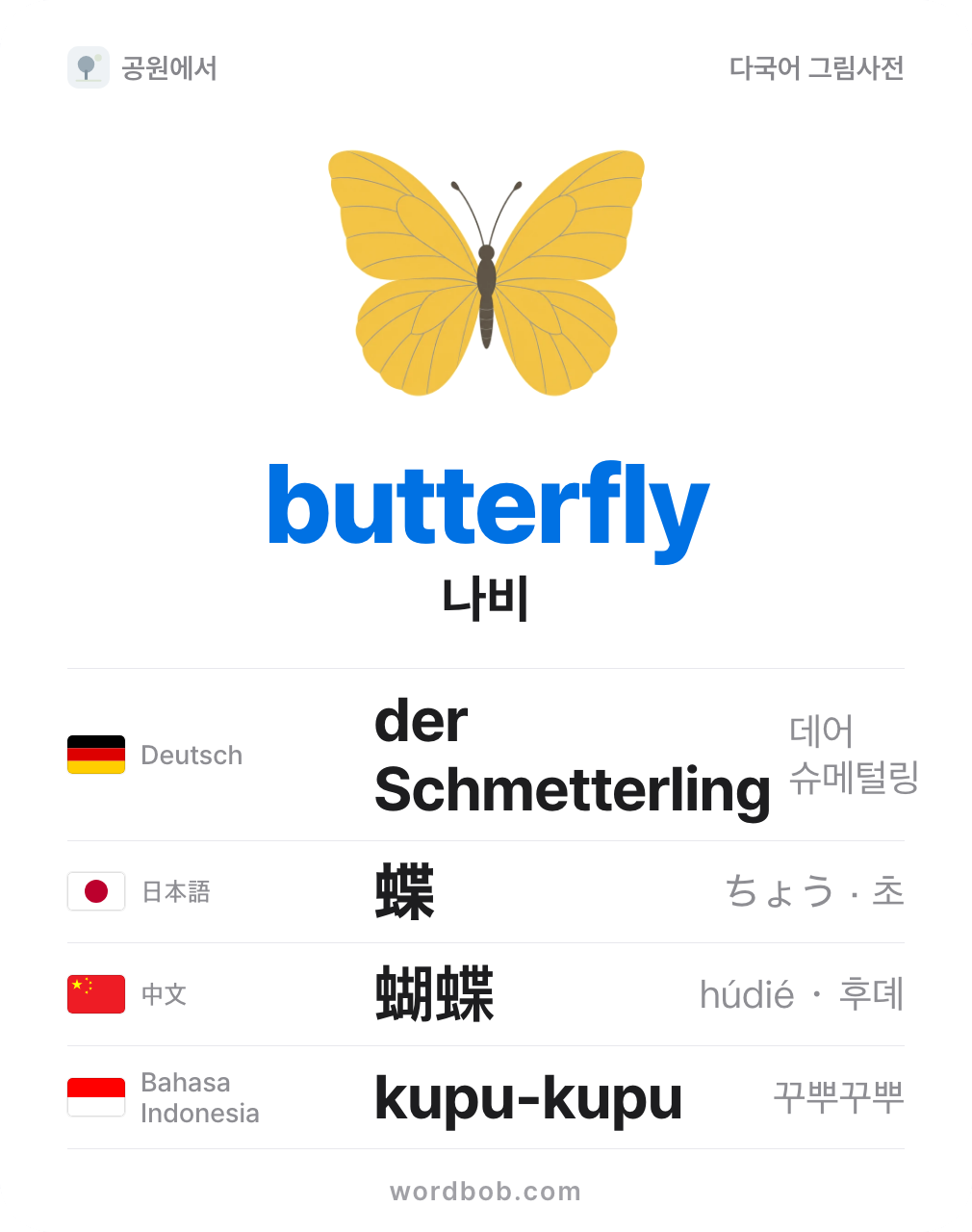 나비(butterfly) 그림 카드 — 나비 · butterfly · der Schmetterling · 蝶 · 蝴蝶 · kupu-kupu