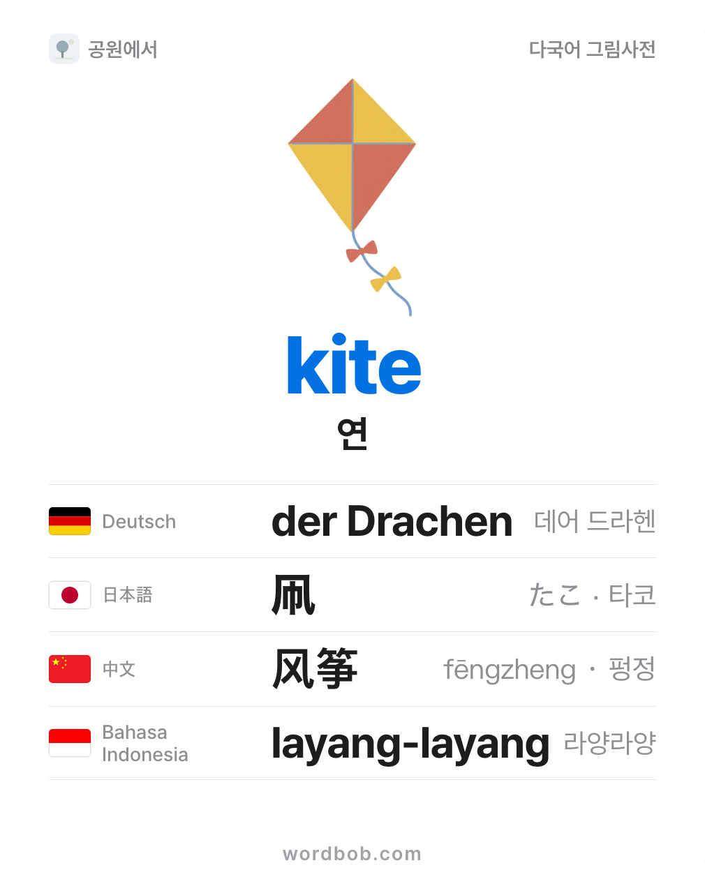 연(kite) 그림 카드 — 연 · kite · der Drachen · 凧 · 风筝 · layang-layang