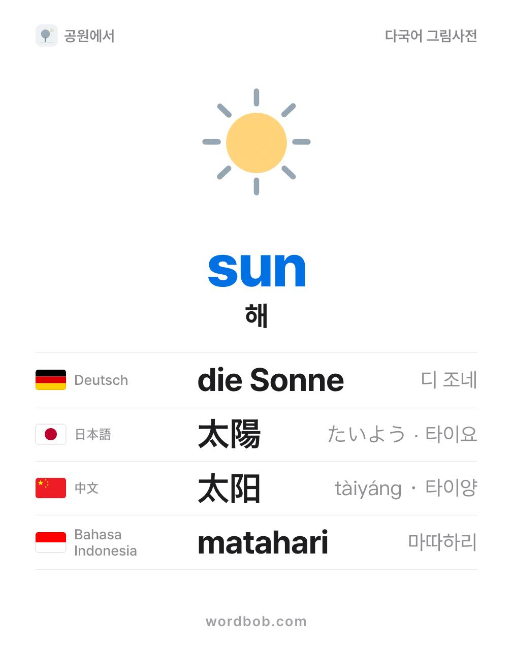 해(sun) 그림 카드 — 해 · sun · die Sonne · 太陽 · 太阳 · matahari