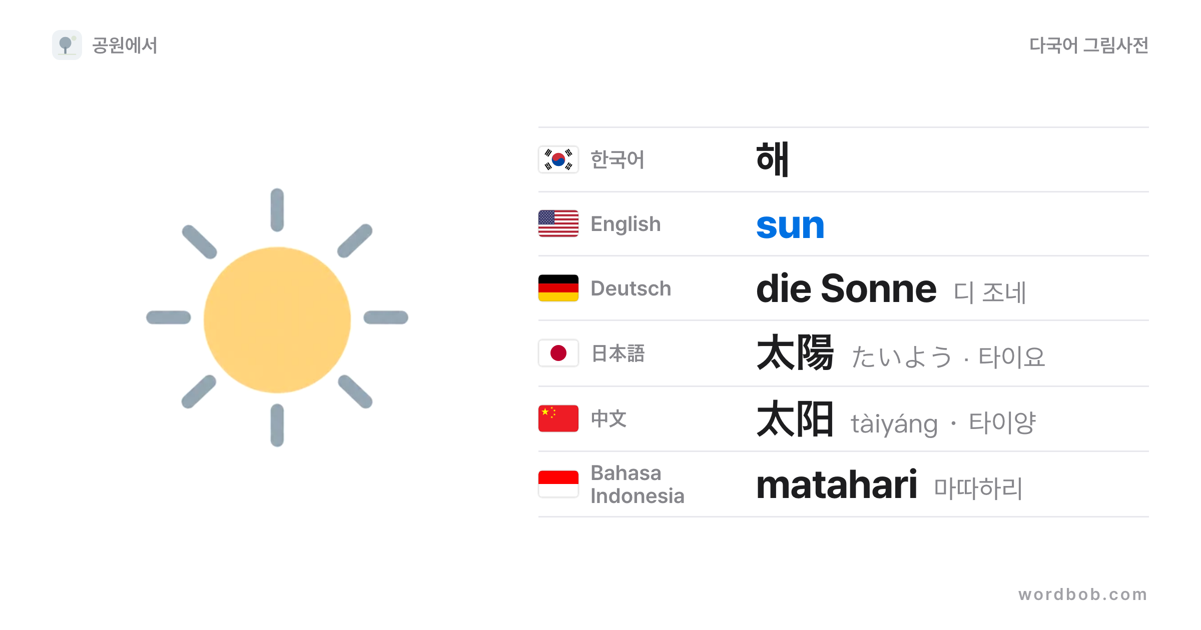 해(sun) 그림 카드 — 해 · sun · die Sonne · 太陽 · 太阳 · matahari