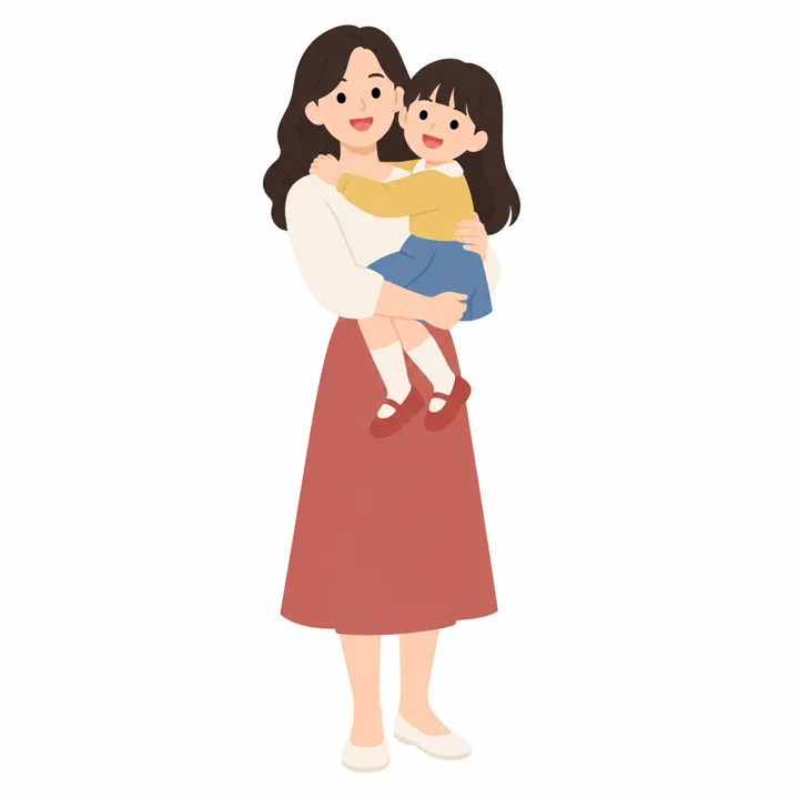 A smiling mother holds her young daughter in her arms; both are laughing.