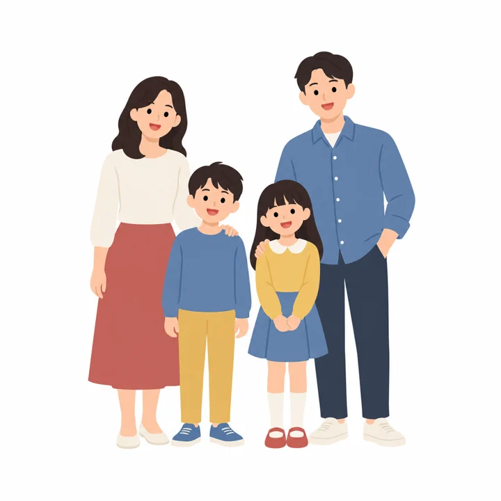 A family of four — mom, dad and two children — smiling side by side.