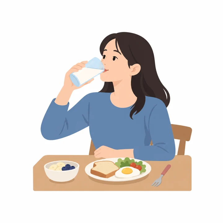 A woman drinks a glass of milk at a breakfast table with toast, an egg and fruit.