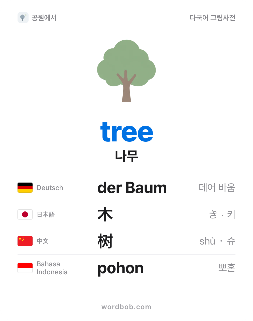 나무(tree) 그림 카드 — 나무 · tree · der Baum · 木 · 树 · pohon